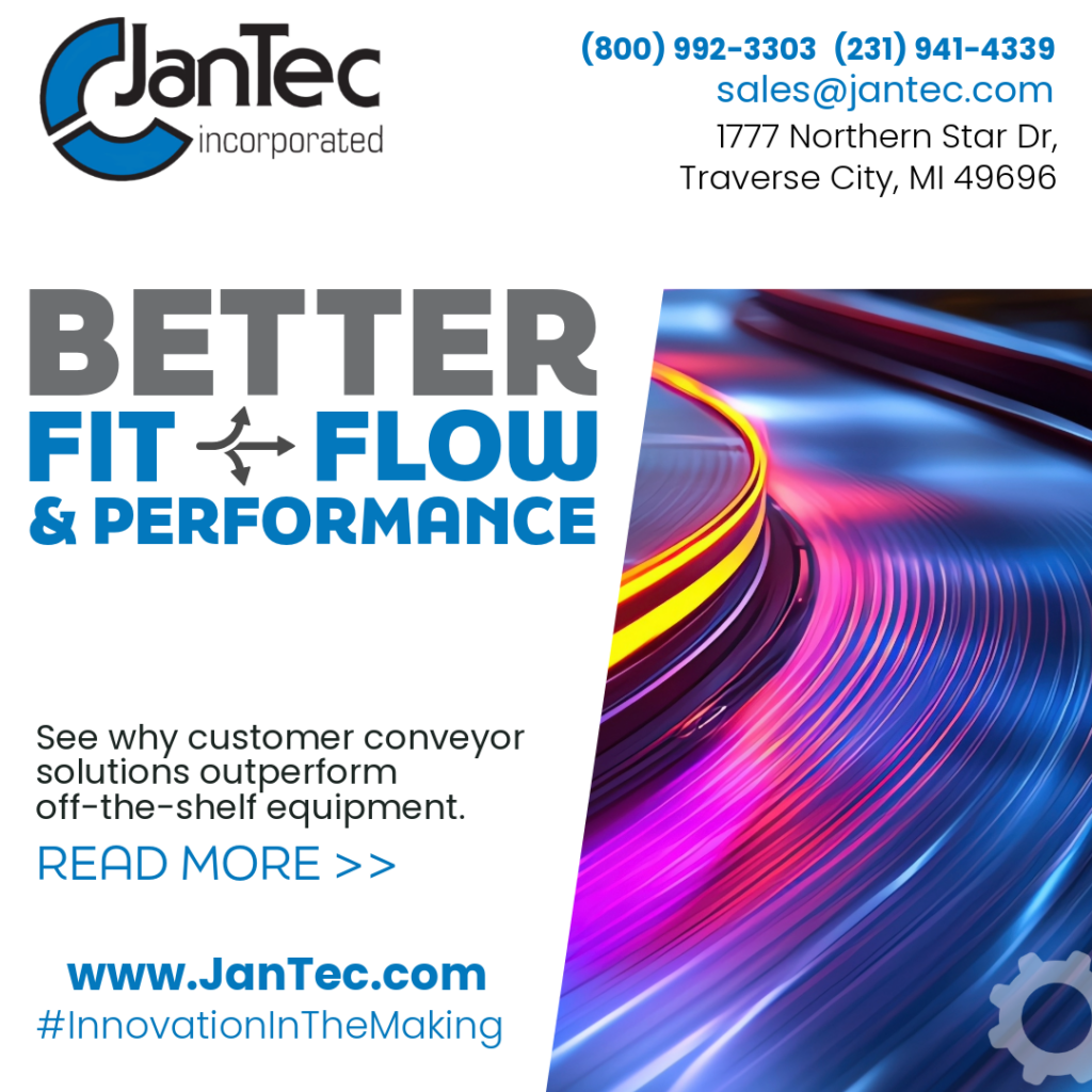 JanTec custom conveyor solutions blog graphic about improving fit, flow, and performance over off-the-shelf equipment.