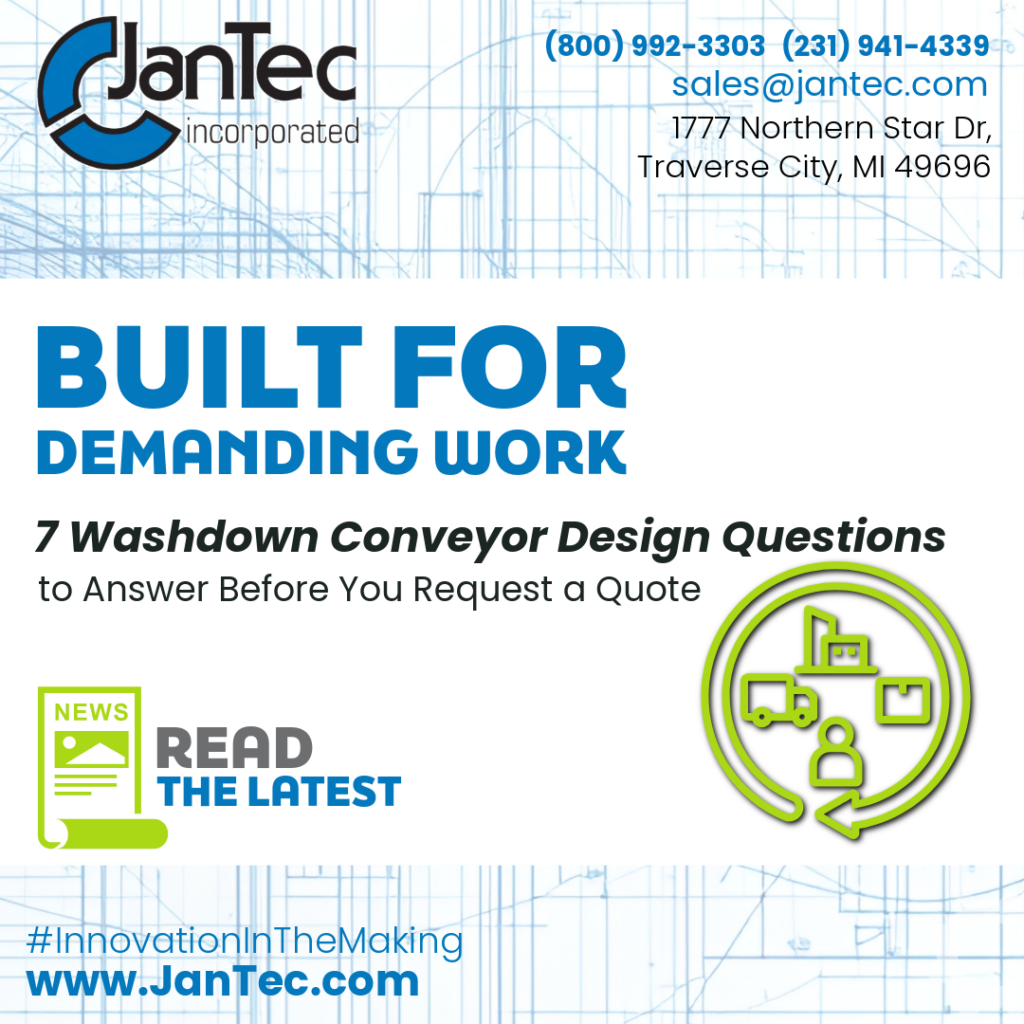 JanTec blog graphic promoting seven washdown conveyor design questions to answer before requesting a quote.